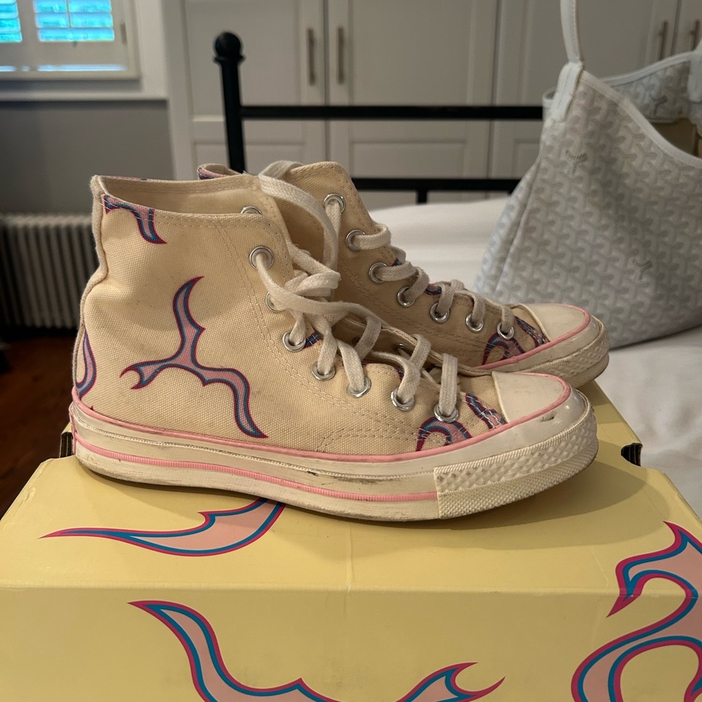 Converse Pastel Yellow High-Tops with Pink Flames